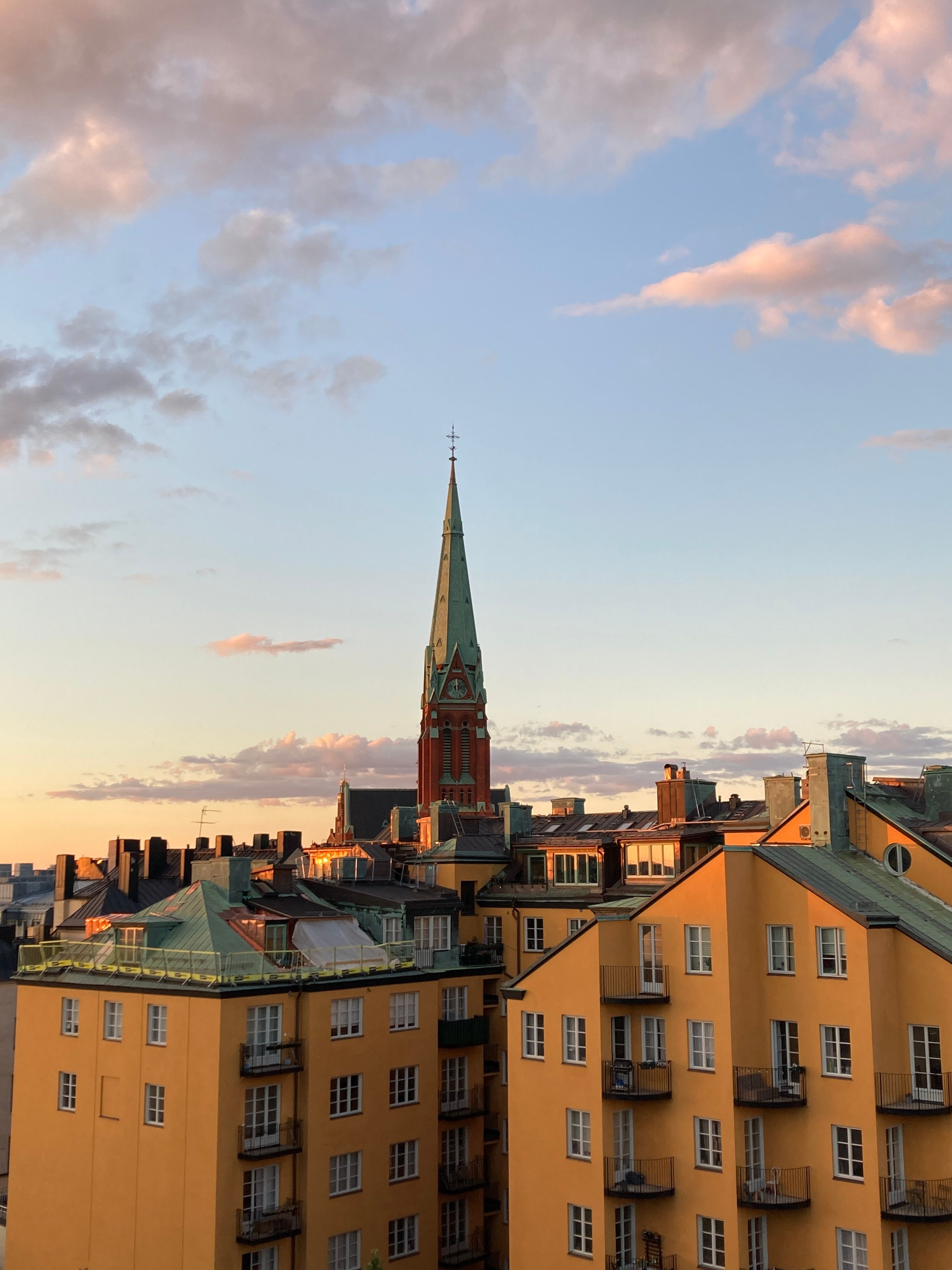 Charming architecture in Norrmalm, Stockholm during a golden hour sunset.