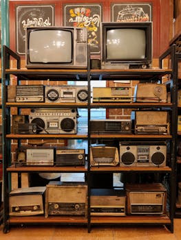 A collection of vintage radios and televisions displayed on metal shelves indoors.