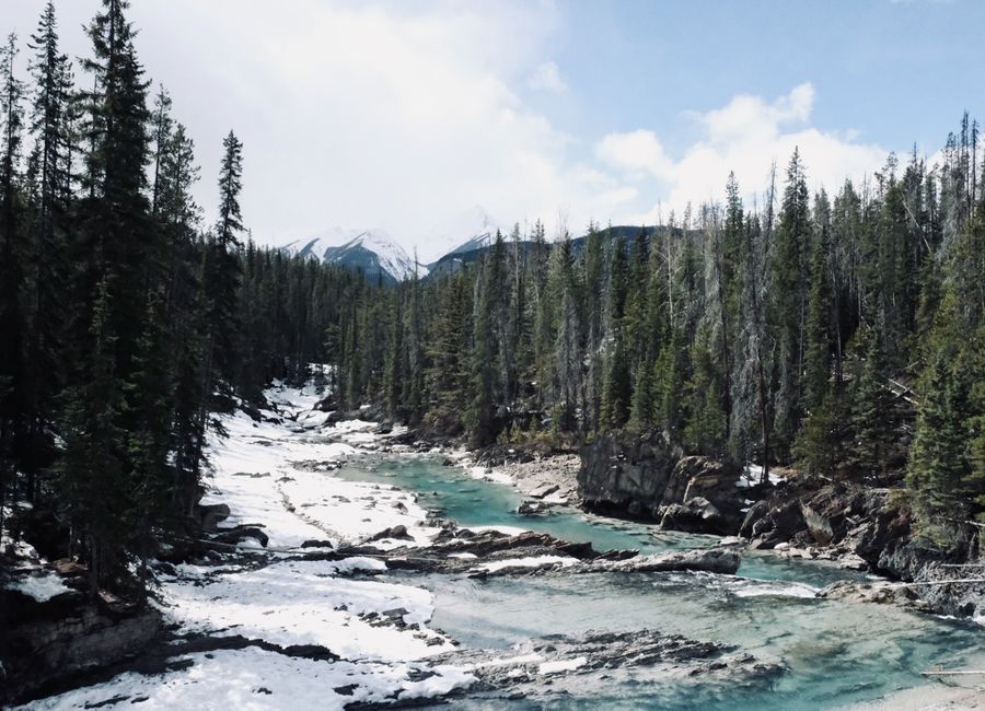 Breathtaking winter view of a serene river flowing through snow-blanketed forest in Banff, Alberta.