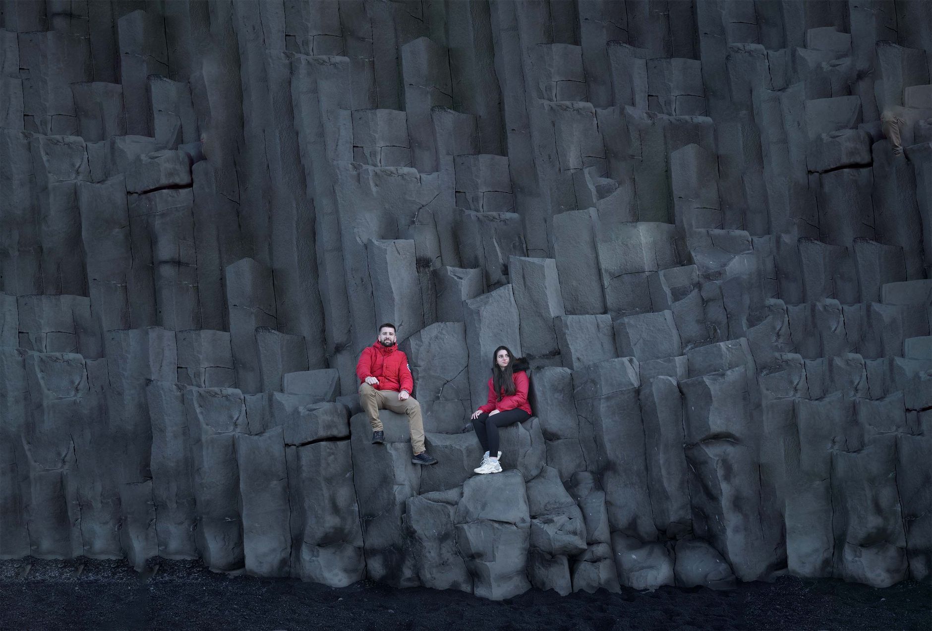 Black sand beach at Reynisfjara with basalt columns