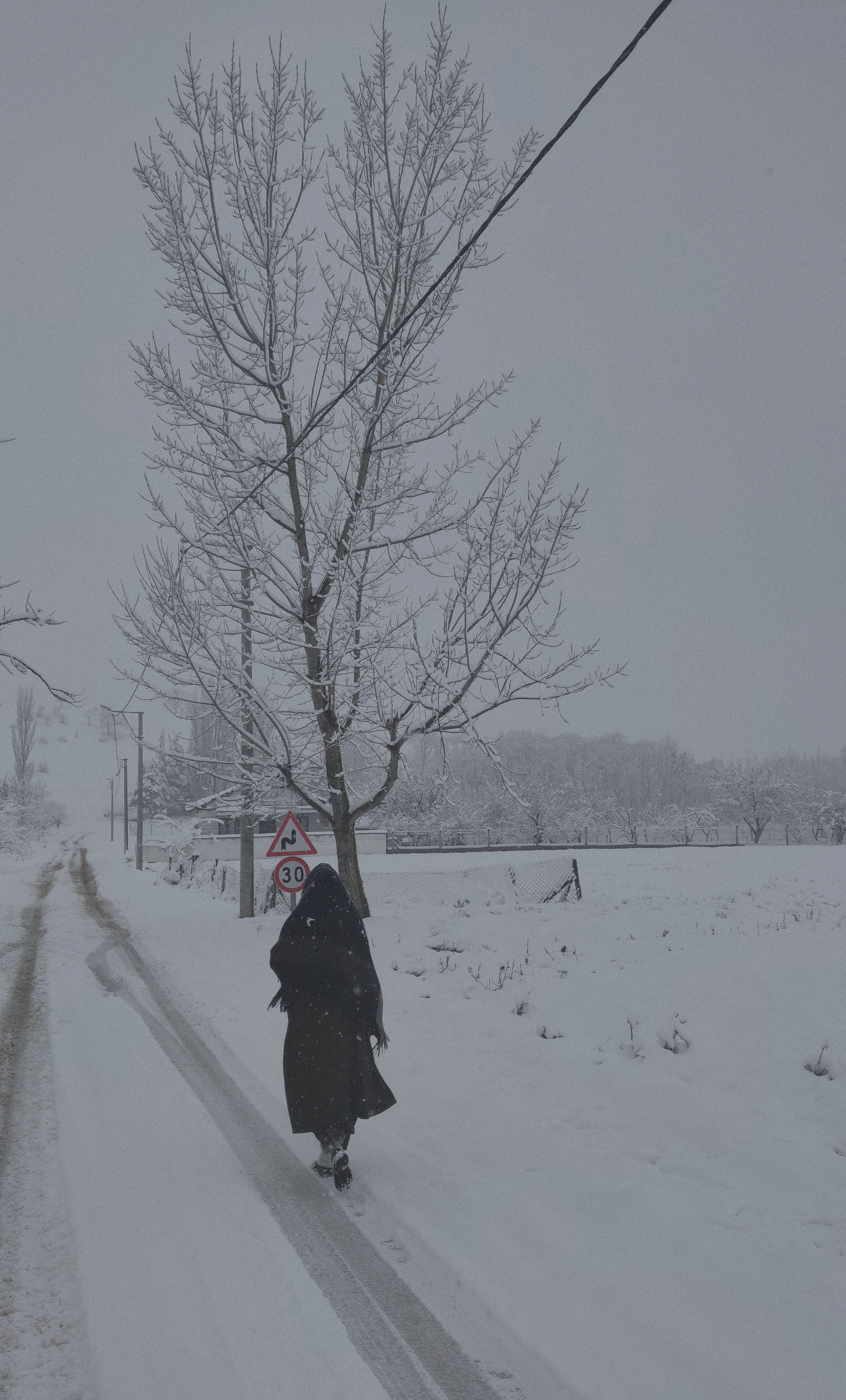 A person walks down a snow-covered rural road under grey skies in winter.
