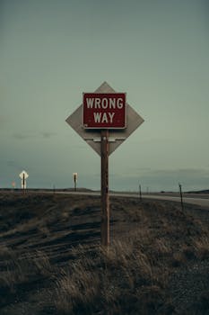A moody roadside 'wrong way' sign along a desolate highway at dusk.