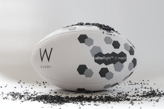 Close-up of a W rugby ball featuring hexagonal patterns on a clean, white background with scattered black granules.