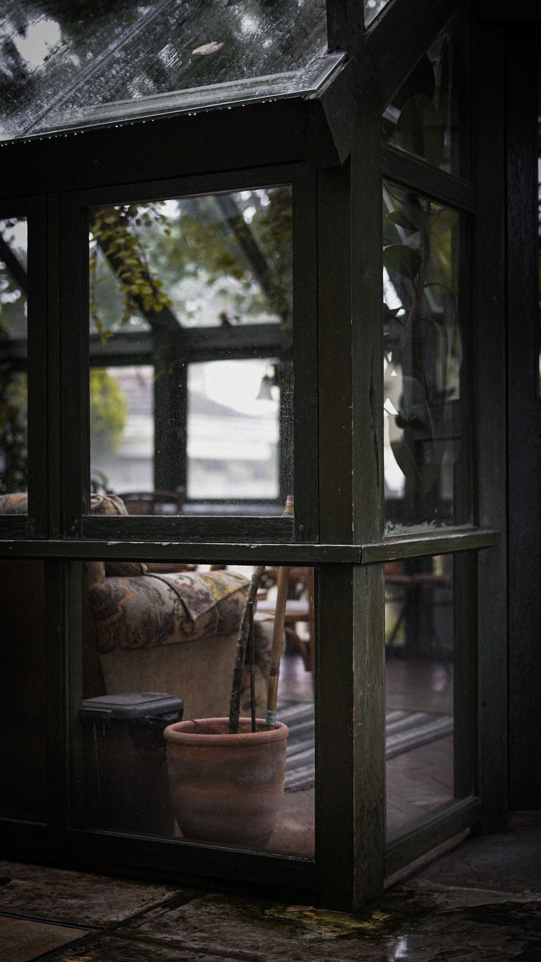Cosy glass conservatory with potted plants behind rain-kissed glass
