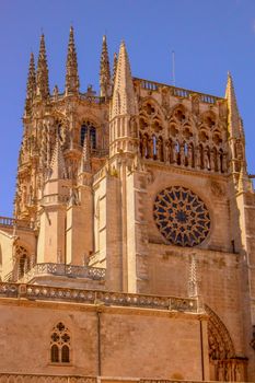 Stunning vertical view of historic Burgos Cathedral's Gothic architecture.