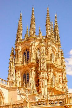 A stunning view of the intricate Gothic spires of Burgos Cathedral in Burgos, Spain.