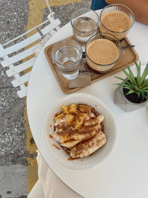 Free Bananas with Chocolate and Coffee on Table Stock Photo