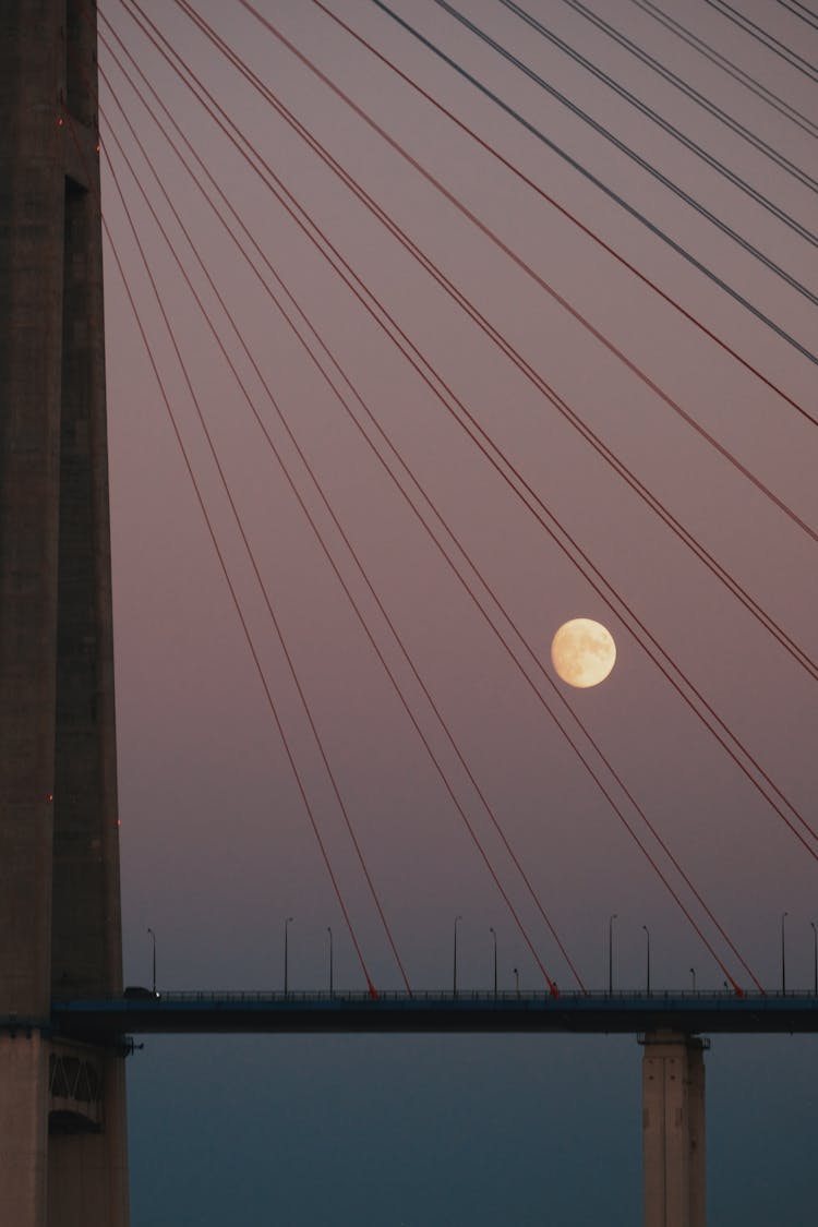 Full Moon Over Bridge At Dusk