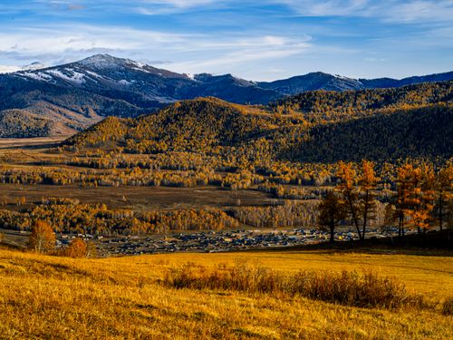 Free Scenic autumn view of mountains with snow caps, golden foliage, and a distant village. Stock Photo