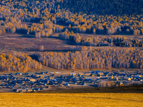 Free Captivating aerial view of a village surrounded by autumn forests and fields. Stock Photo