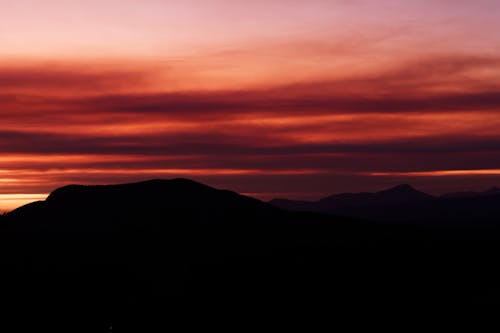 Silhouette of Mountains Under Dramatic Sunset Sky