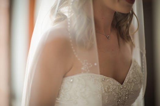 A close-up of a bride in an ornate wedding dress with a veil, exuding elegance and beauty.