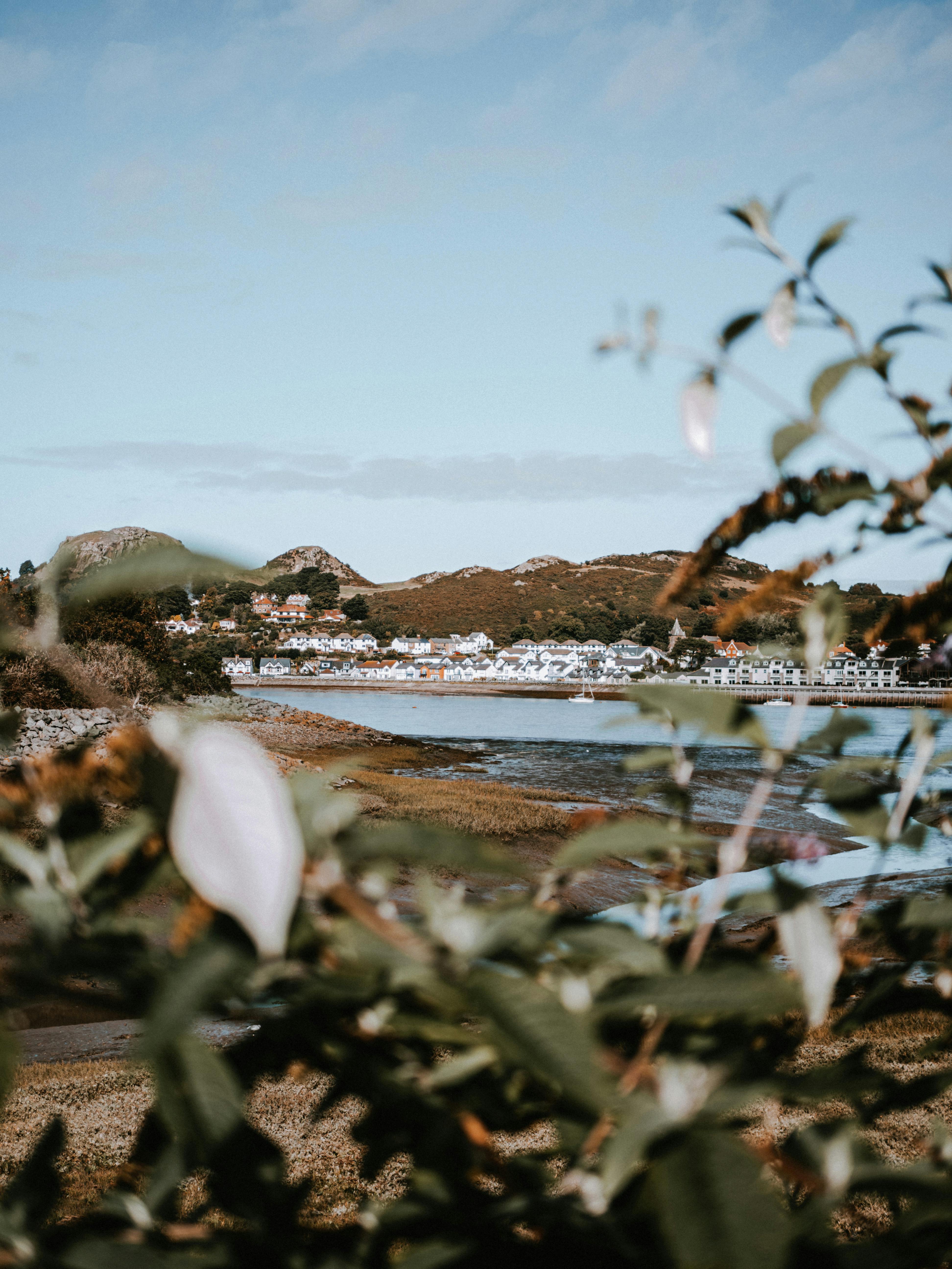 Beautiful landscape of Deganwy waterfront with hills and foliage.