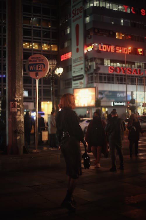 Woman Walking City Downtown at Night