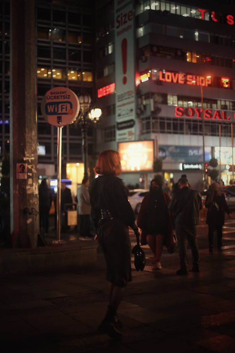 Woman Walking City Downtown At Night