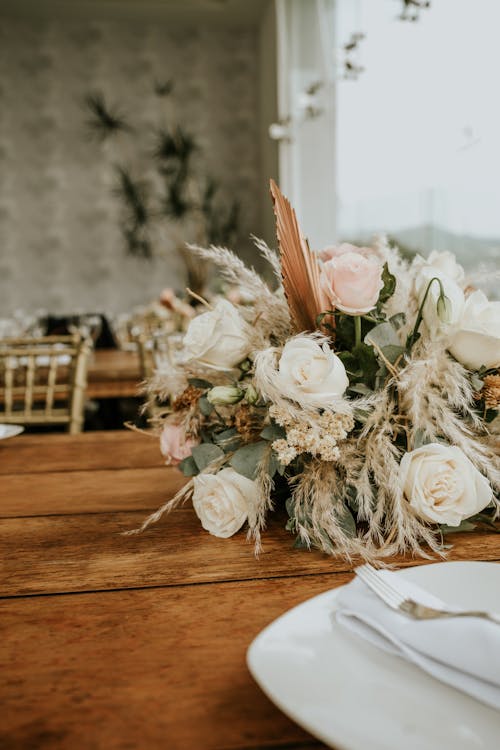 Free Bouquet of Flowers on Brown Wooden Table Stock Photo