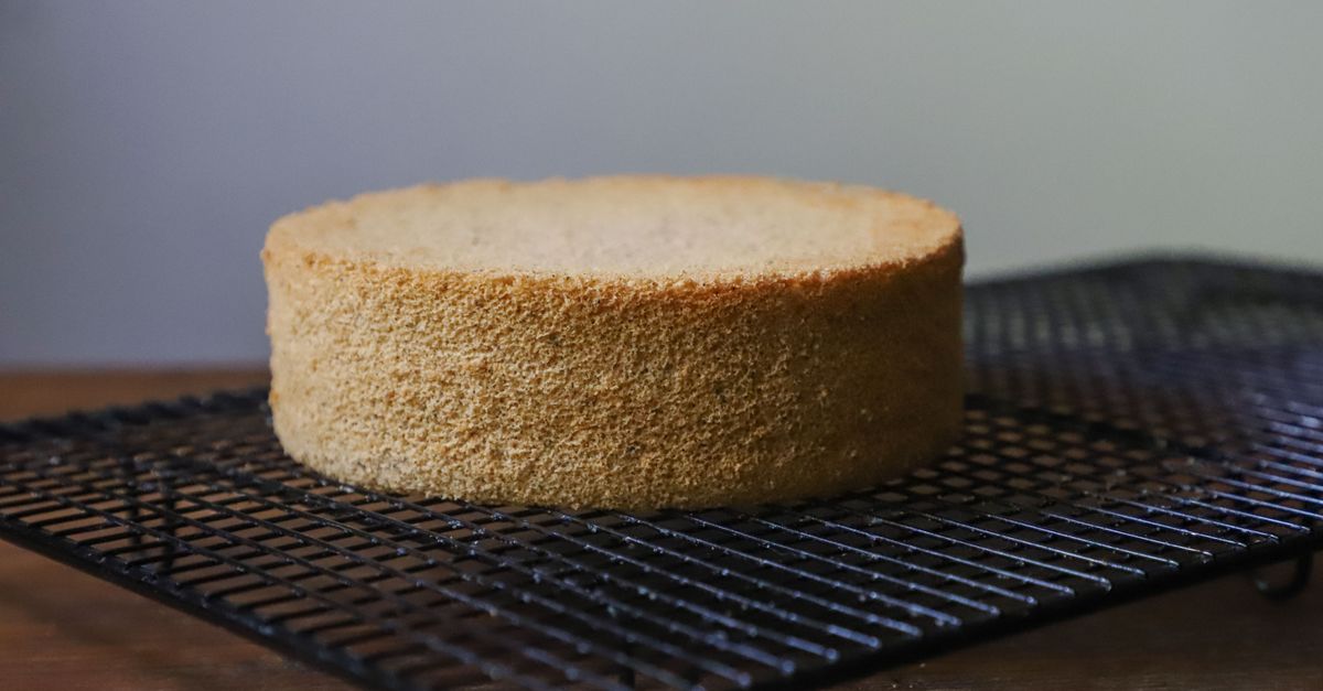 Um bolo de esponja recém-assado descansando em uma gradinha, exibindo sua crosta dourada.