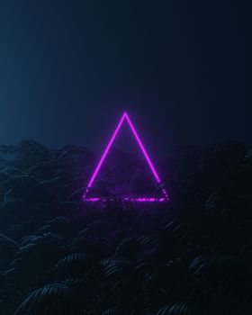 A glowing purple neon triangle amidst dark foliage, creating a moody abstract scene.