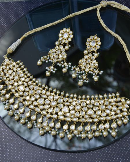 Wide ivory kundan choker with matching chandelier earrings