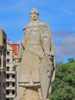 Stone statue of a medieval knight with shield in Burgos, Spain under a clear blue sky.