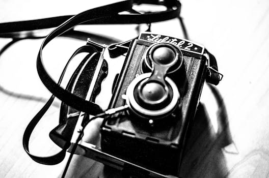 Close-up of a vintage twin lens camera in monochrome, showcasing classic photography equipment.