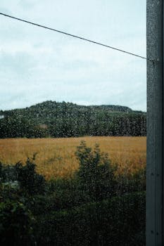 A serene rural landscape viewed through a rain-dappled window on a cloudy day.