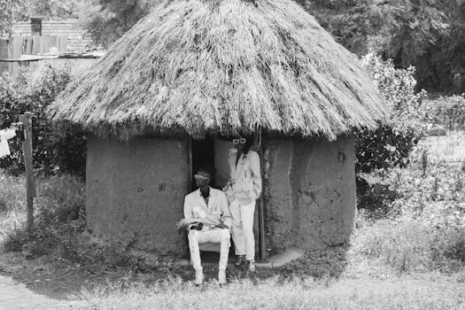 Grayscale Photo of Two Men Standing Near Hut · Free Stock Photo