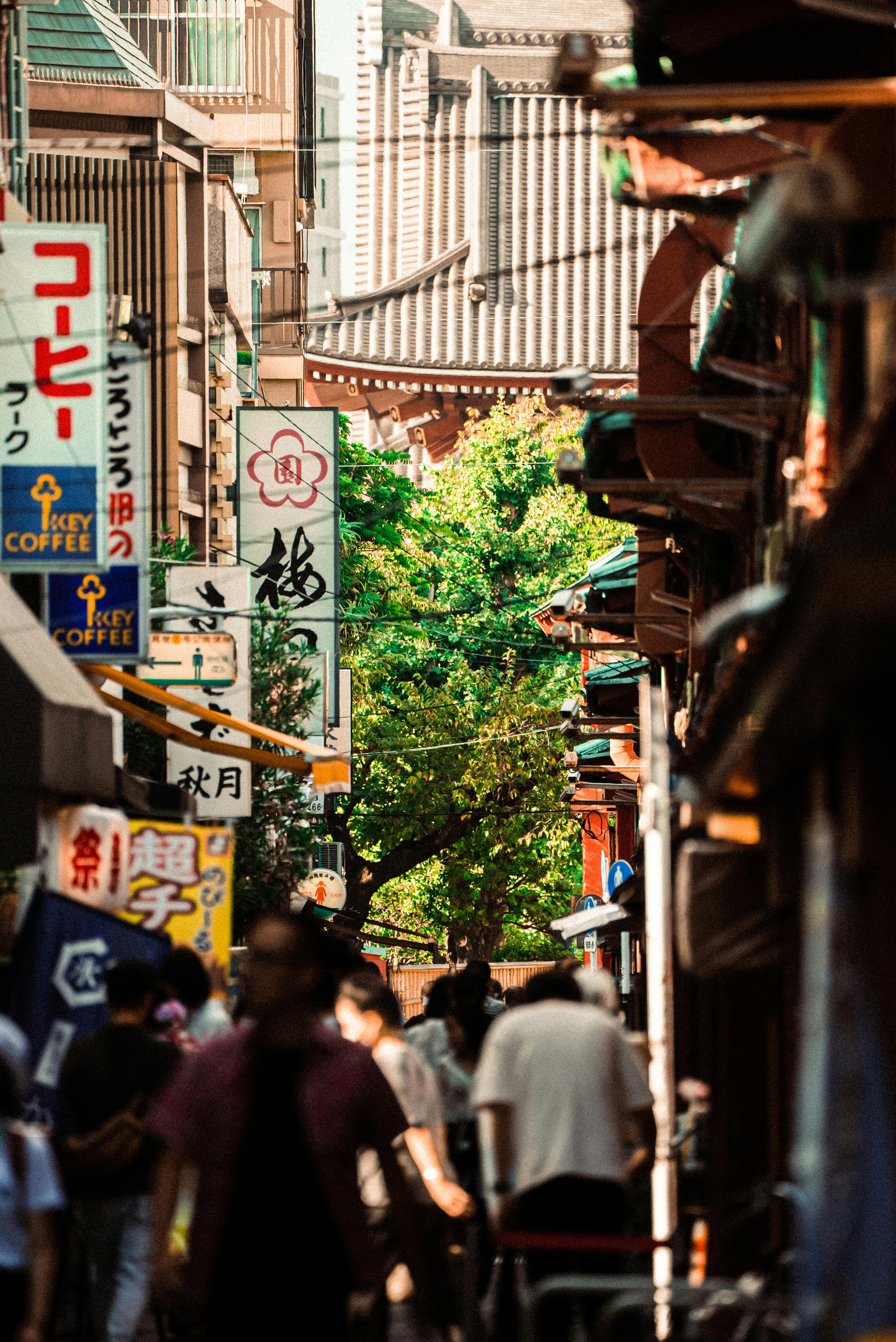 Bustling street with vibrant signs and crowds in Asakusa, Tokyo.
