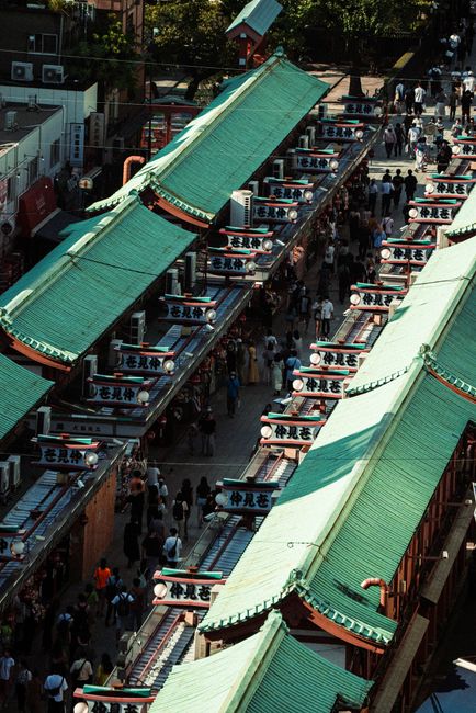 A bustling aerial view of Nakamise Street, leading to Sensoji Temple in Tokyo, Japan.