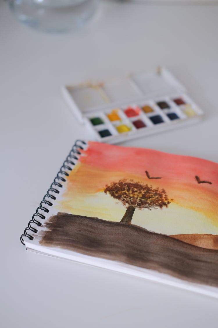 Watercolor Painting Of A Tree At Sunset 