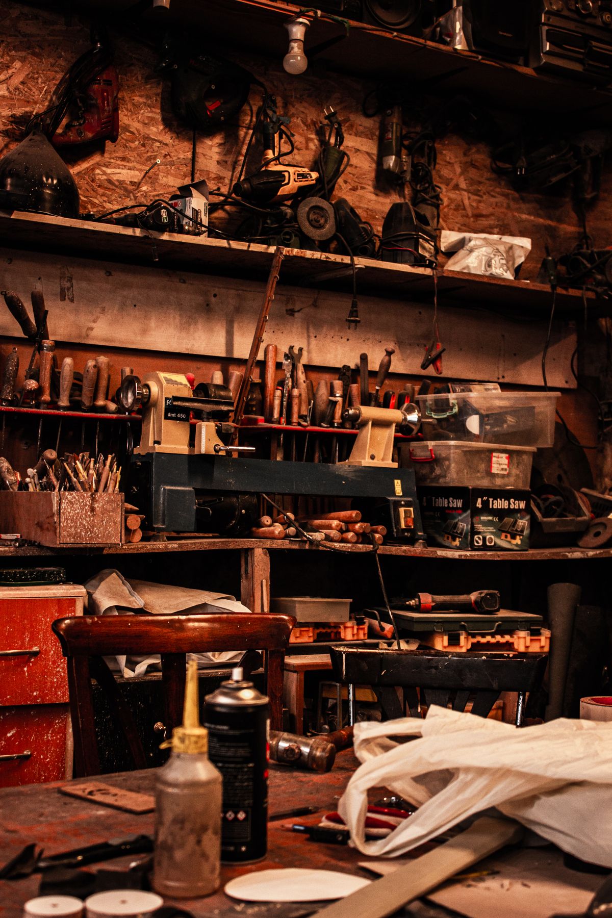 Woodworking workshop with tools and workbench