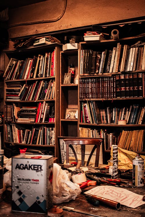 Interior of a Bookstore and a Messy Desk 