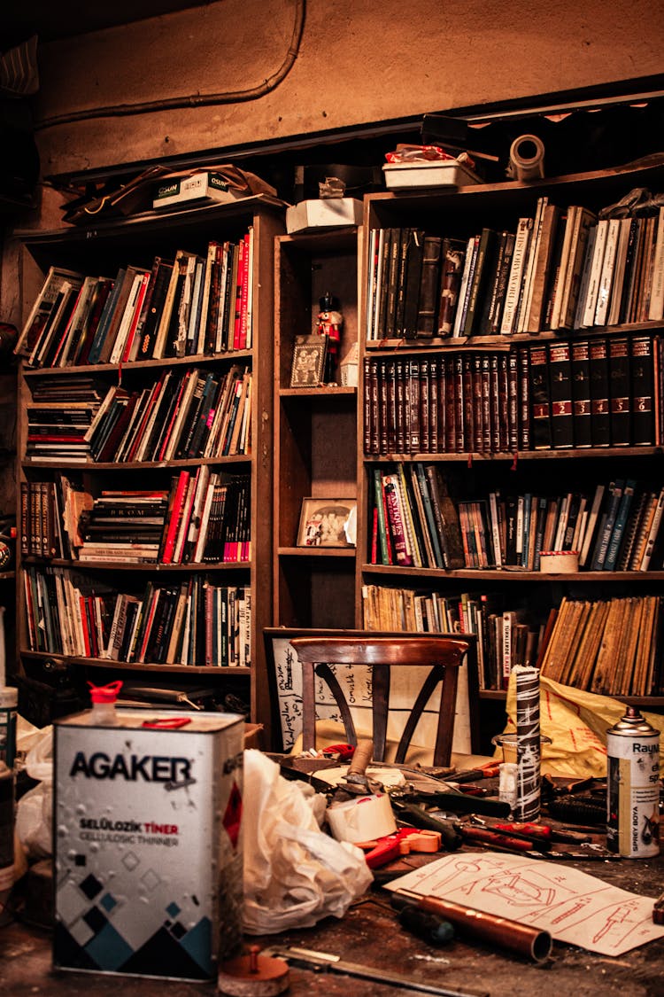 Interior Of A Bookstore And A Messy Desk 