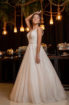 A joyful teenage girl in a glamorous ball gown poses indoors, celebrating her quinceañera.