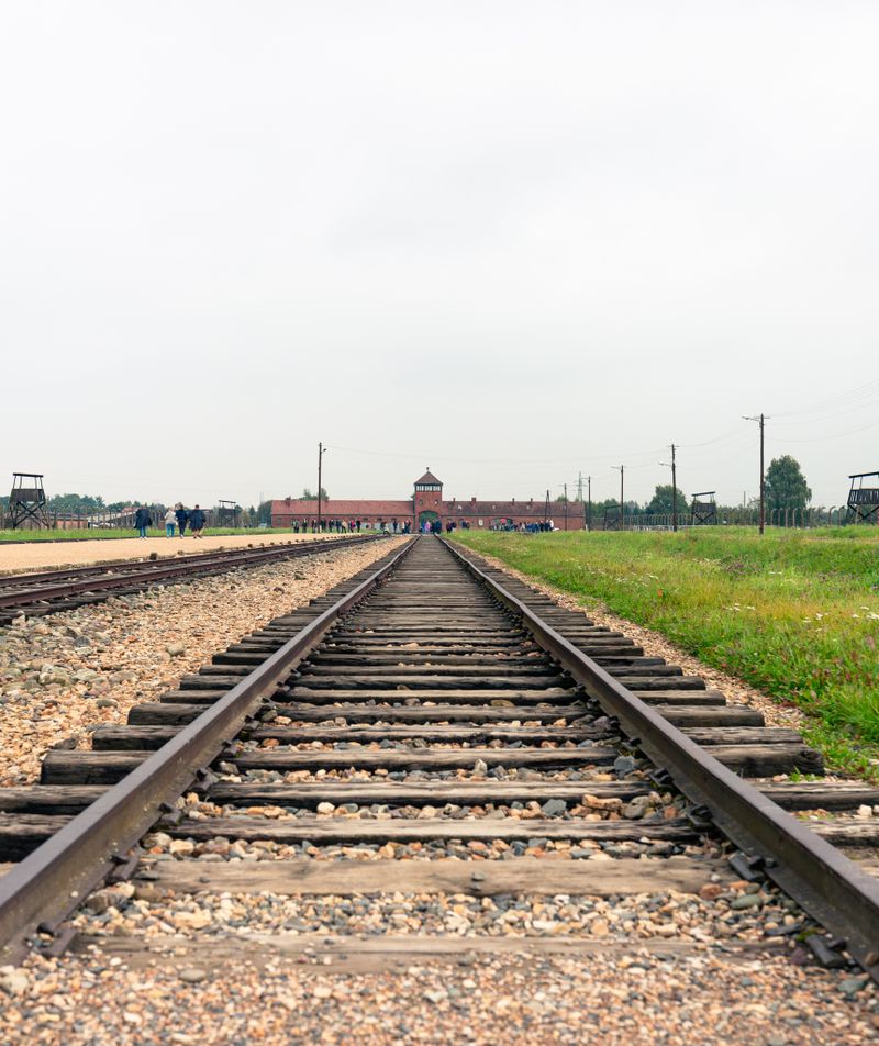 The rail tracks leading to the Birkenau gatehouse, Auschwitz-Birkenau Memorial