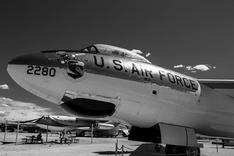 Military Airplane In Black And White