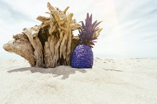 Vibrant purple pineapple resting on a sandy beach beside a weathered driftwood log under clear skies.
