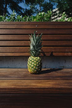 明亮的阳光下，木凳上的新鲜菠萝以郁郁葱葱的绿色植物为背景