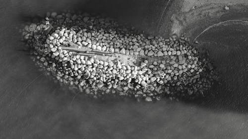 Grayscale Photo of Rocks on the Beach