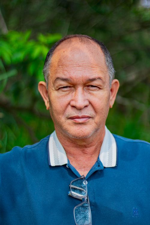 Free Portrait of a senior man wearing a blue polo shirt in a natural outdoor setting. Stock Photo