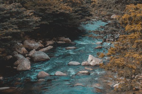 Free Tranquil river flowing through lush forest in San Luis, Antioquia, Colombia. Perfect for nature enthusiasts. Stock Photo