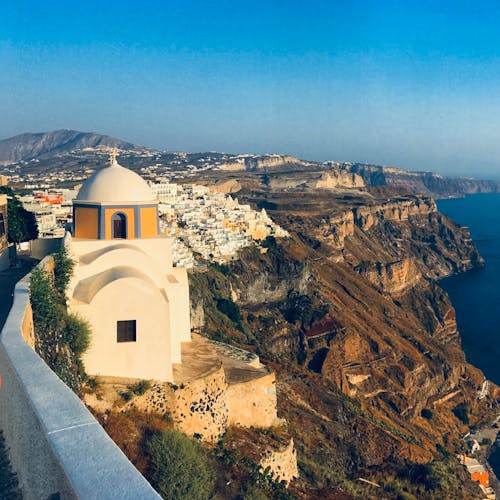 High Angle View of a Church on the Cliff Top in Santorini