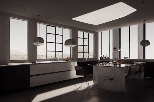 Elegant and spacious kitchen interior with minimalist design and large glass windows.