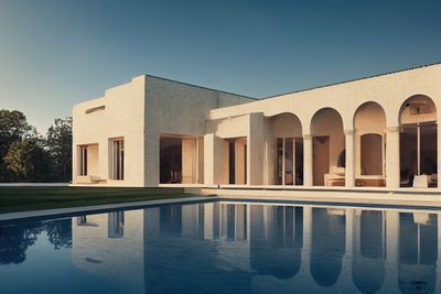 The Beaumont Estate — contemporary estate exterior with pool terrace and architectural lighting, Los Altos CA 2022