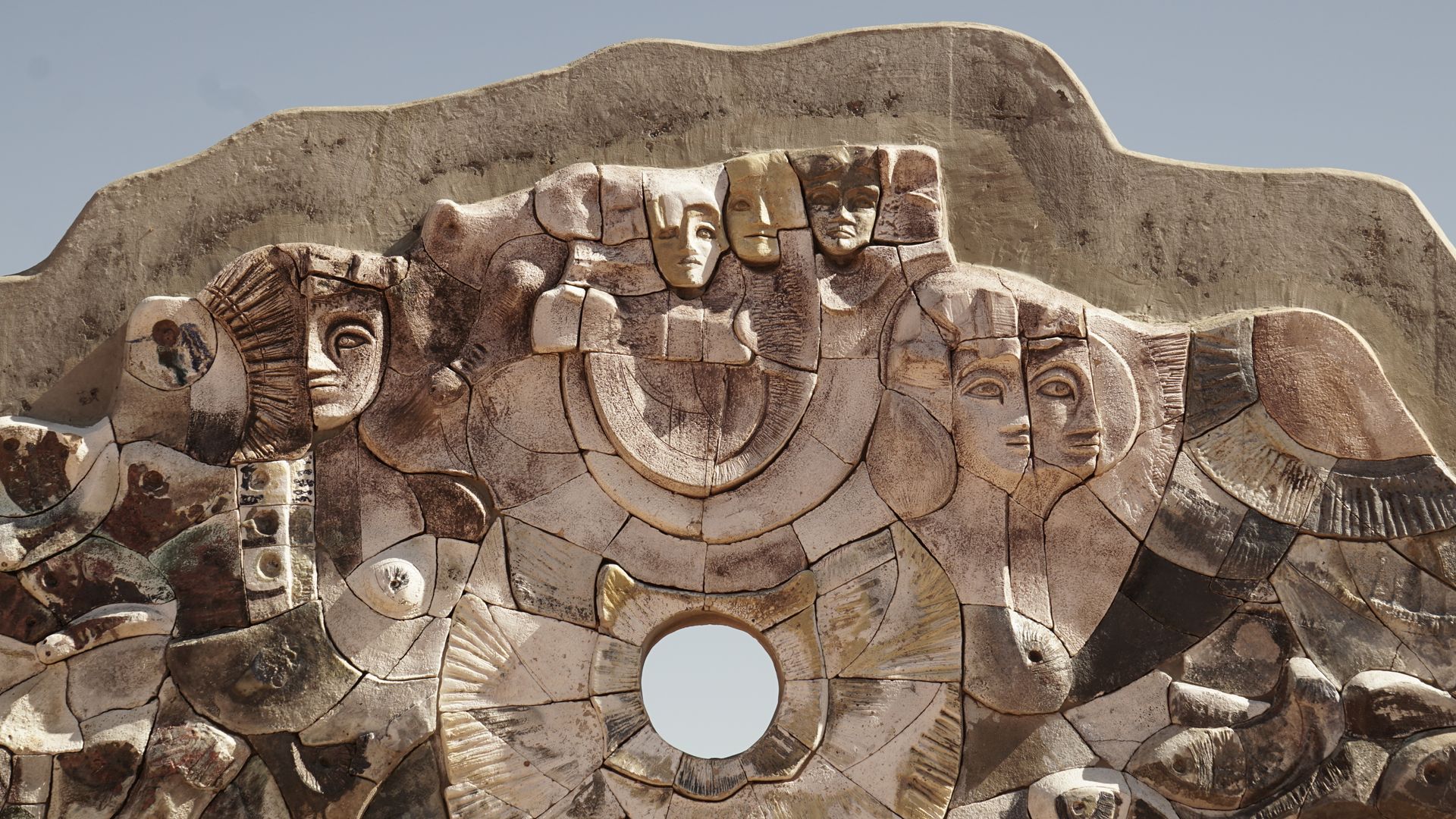 Close-up of intricate ancient bas relief sculpture in Mendoza, Argentina.