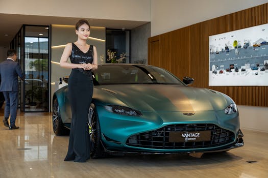 Asian woman posing with Aston Martin Vantage in a luxury showroom setting.