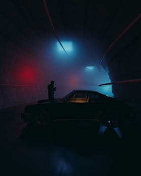 Silhouette of a person by a vintage car in a moody, neon-lit tunnel.