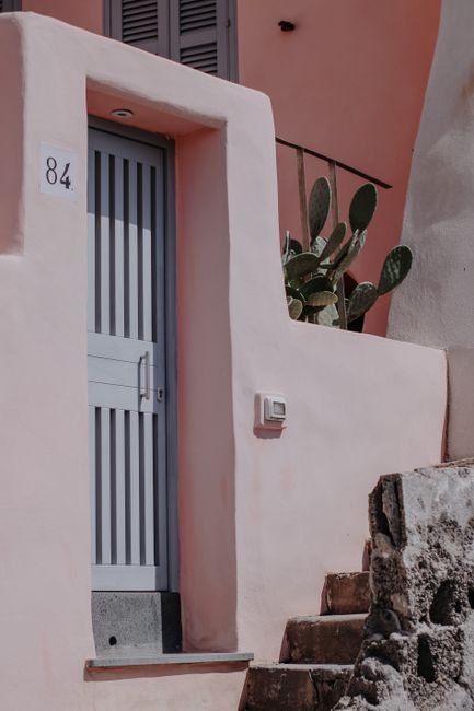 Modern gray door on a pink stucco facade with cactus and stone steps.