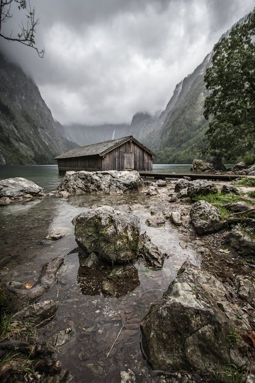 Wooden Cabin at Lake Obersee, Konigssee, Bavaria, Germany 