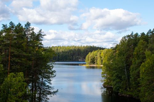 Free Beautiful view of a lake with lush green trees and a vivid blue sky overhead. Stock Photo